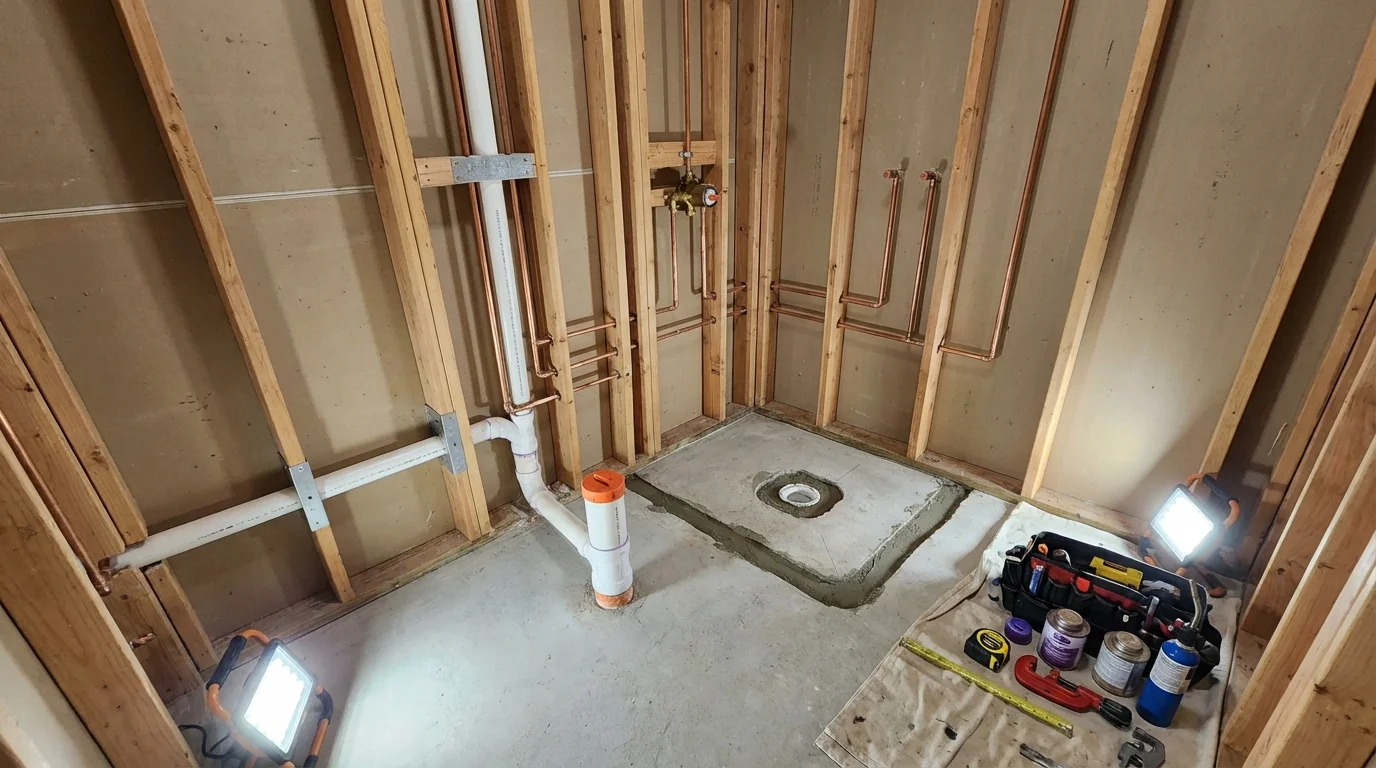 Bathroom rough-in plumbing during remodel by Johns Plumbing LLC in Longview