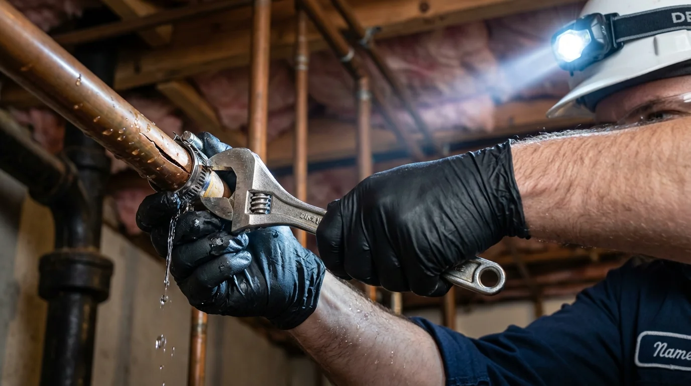 Emergency pipe clamp repair being performed by a Johns Plumbing LLC plumber in Longview