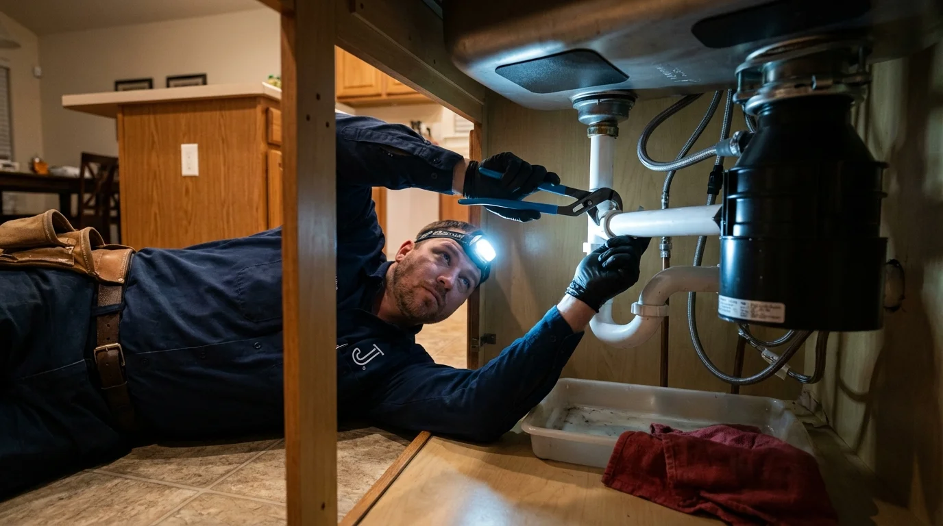 P-trap and supply line connections under a kitchen sink showing a common leak point in Longview, TX